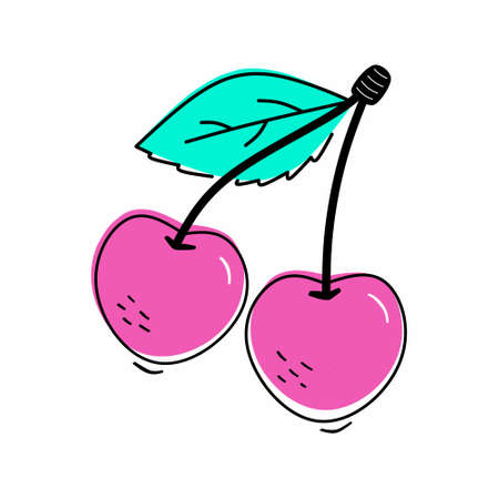 Cartoon cute juicy cherries with a leafのイラスト素材