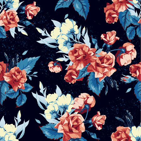 Seamless floral pattern with of red roses on blue background  Vector illustration のイラスト素材
