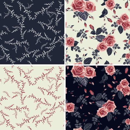 Set of floral seamless patterns  Roses and leaves backgroundのイラスト素材