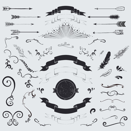 Decorative elements set  arrows, laurel, feathers, ribbons and labels のイラスト素材