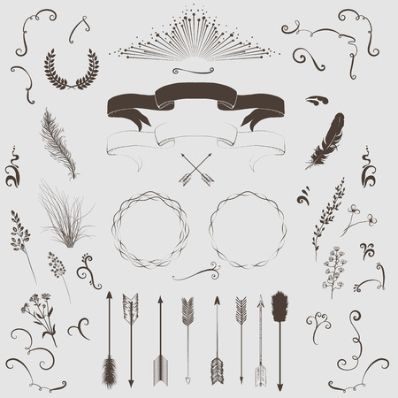Decorative elements set  arrows, laurel, wreath, feathers, ribbons and labels のイラスト素材