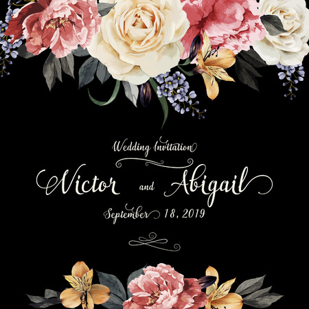 Greeting card with roses, watercolor, can be used as invitation card for wedding, birthday and other holiday and  summer background. Vector illustration.のイラスト素材
