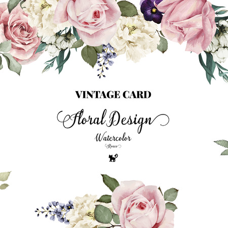 Greeting card with roses, watercolor, can be used as invitation card for wedding, birthday and other holiday and summer background. Vector illustration. Greeting card with roses, watercolor, can be used as invitation card for wedding, birthday and other holiday and summer background. Vector illustration.
