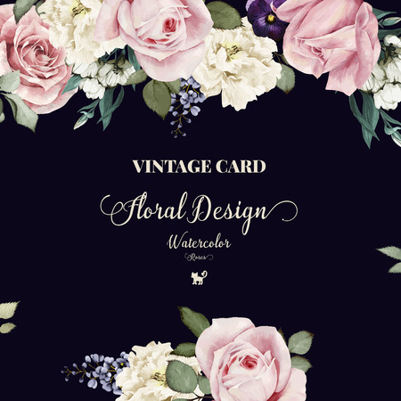 Greeting card with roses, watercolor, can be used as invitation card for wedding, birthday and other holiday and  summer background. Vector illustration.のイラスト素材