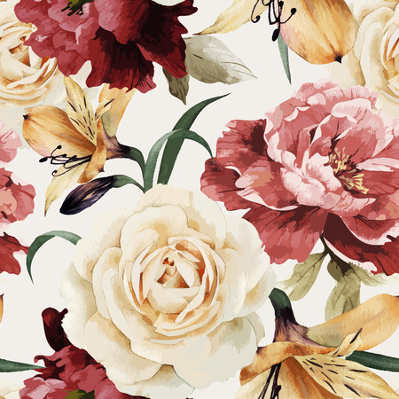 Seamless floral pattern with roses, watercolor. Vector illustration.