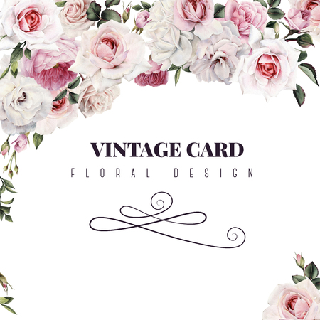 Greeting card with roses, watercolor, can be used as invitation card for wedding, birthday and other holiday and  summer background. の写真素材