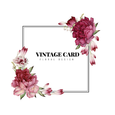 Greeting card with peonies, watercolor, can be used as invitation card for wedding, birthday and other holiday and summer background. Vector illustration.の写真素材