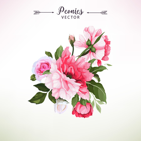 Bouquet of peonies, watercolor, can be used as greeting card, invitation card for wedding, birthday and other holiday and summer background. Vector illustration.のイラスト素材