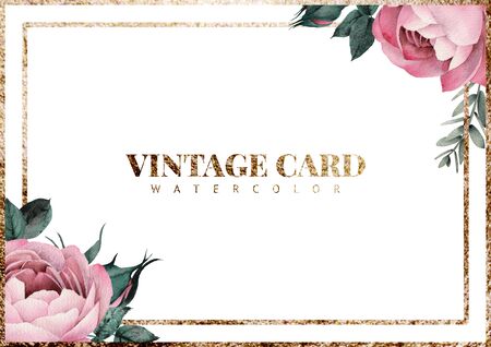 Greeting card with rose flowers, can be used as invitation card for wedding, birthday and other holiday and  summer background. Botanical art. Watercolor
の写真素材