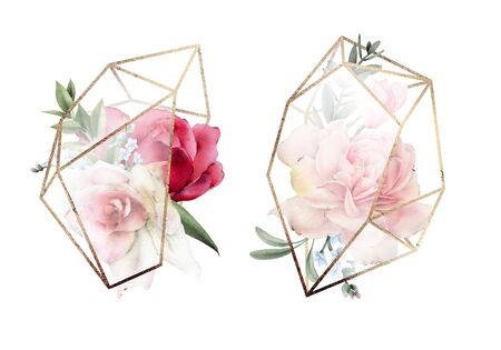 Bouquets in a crystal. Greeting card with flowers and crystal, can be used as invitation card for wedding, birthday and other holiday and  summer background. Watercolor. の写真素材