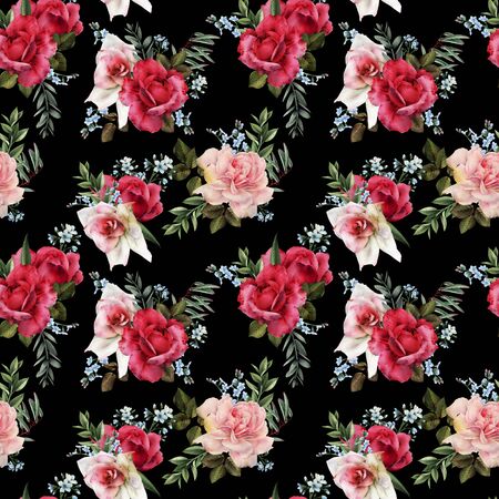 Seamless floral pattern with flowers on blue background, watercolor. Template design for textiles, interior, clothes, wallpaper. Botanical art
の写真素材