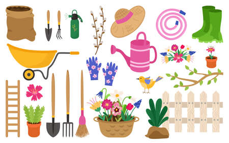 Gardening spring bright set. Tools, gloves, wheelbarrow, shovel, broom, sprayer, fence, rubber boots, tree branch, flowers, basket, hat, watering can, willow. Vector items for agriculture.のイラスト素材