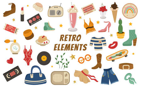 Retro set of elements of the 60-70s. Cocktail, T-shirt, sneakers, ticket, record, rainbow, hat, perfume, belt, neckerchief, bracelets, gold stars, cassettes. Vector vintage collection of themed items.のイラスト素材