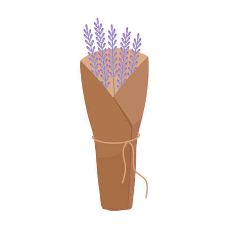 Lavender bouquet in kraft paper. Vector illustration isolated on a white background. For a design or a postcardのイラスト素材