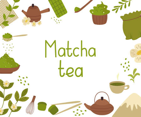 Banner with elements for green tea made from matcha powder. Teapot, cup, bamboo spoon, whisk, strainer, sweets and drinks, chocolate. Vector illustration on a white background. For decoration or printingのイラスト素材