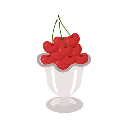 Cherry berries are bright red and ripe in a glass bowl. Beautifully laid out with a slide for serving. Vector illustration isolated on a white background.のイラスト素材