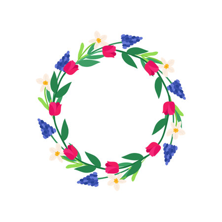 Spring colorful wreath of tulip flowers, muscari, daffodils. Festive vector illustration for ordering postcards, invitations. Rustic template for circle-shaped textのイラスト素材