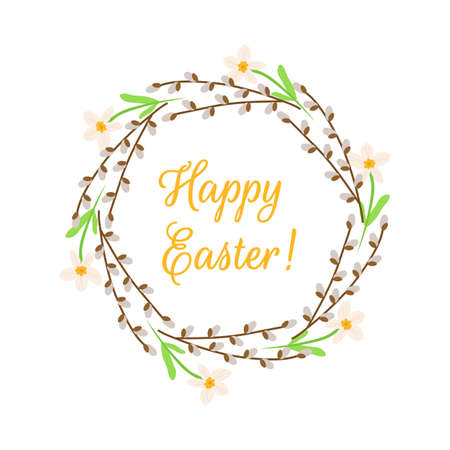 Happy Easter wreath of willow twigs with daffodils and inscription. Festive vector illustration for the design of postcards, invitations. Template for circle-shaped textのイラスト素材