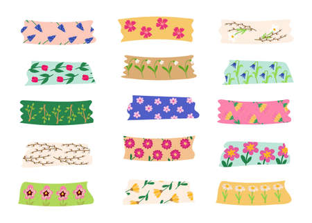 Washi tapes for a spring set with a floral pattern. For notes, organizer, planner, scrapbooking. Vector illustration in cartoon style for decoration, design or decorのイラスト素材