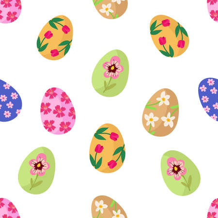 Seamless pattern with Easter spring bright eggs of different colors. Vector festive background for printing on paper, fabric, packaging.のイラスト素材