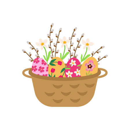 Easter wicker basket with bright eggs of colorful flowers and willow. Festive vector illustration for designのイラスト素材