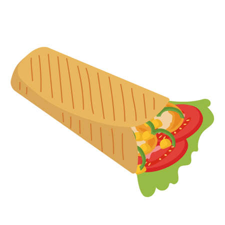 Burrito is a traditional roll with meat, pepper, tomatoes and green salad for the fast food concept. Vector illustration for design or decoration.のイラスト素材