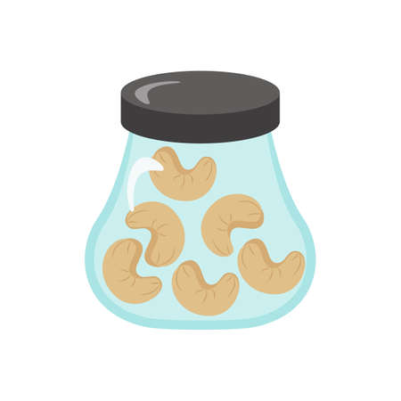 Glass jar with cashew nuts. Eco-friendly storage of useful products. Vector illustration of the concept of reusable and zero waste.のイラスト素材