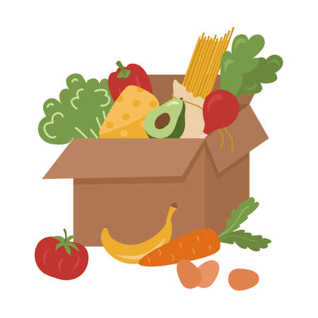 Beige cardboard box with useful products. Pasta, carrots, cheese, broccoli, bananas, eggs, radishes. Vector illustration for the reusable concept.のイラスト素材
