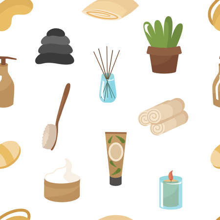 Seamless pattern cosmetics with aloe for skin care. Cream, brush, candle, towel, massage stones. vector illustration. Clipart for spa treatments for face and body. For printing on paper or fabricのイラスト素材