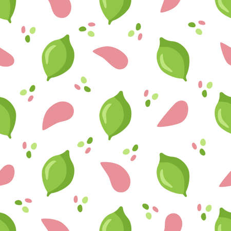 Seamless pattern with large lime fruits and pink leaves. Botanical vector illustration on a pink...