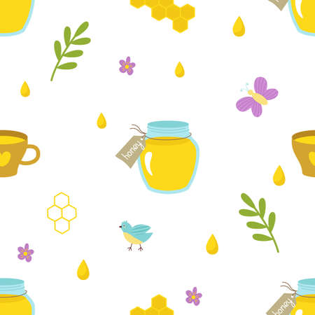 Seamless pattern with honey jars, mugs, flowers, honeycombs. Vector illustration, on a white background. For background, printing on paper or fabric, design or decorのイラスト素材