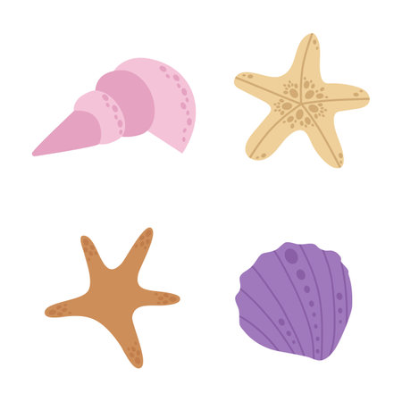 Sea shells and stars, a set of cute clams living in the ocean. Vector illustration isolated on a white backgroundのイラスト素材