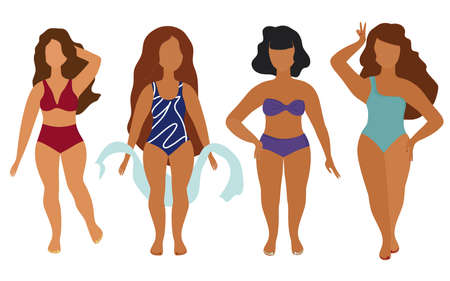 A company of beautiful girls in swimsuits with different types of figures. Body positive, vector illustrationのイラスト素材