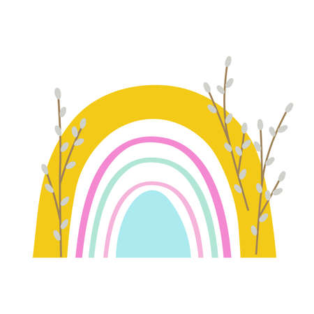 Spring rainbow, decorated with tansy flowers. Design for children, postcards, printing on paper or fabric. Vector illustration isolated on a white background.のイラスト素材