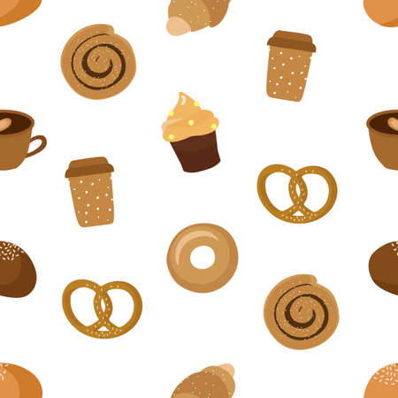 Seamless pattern, bakery products, pastries, bread and confectionery, buns, baguette, loaf, croissant, cafe, pretzel. Banner, poster, template for printing on fabric, on paper. Vector illustration on a white background.のイラスト素材