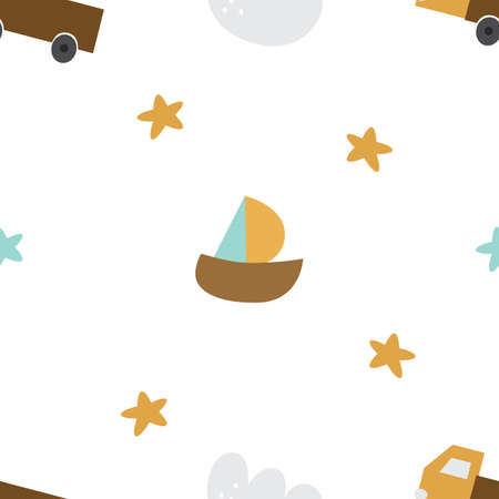 Seamless pattern for a shower boy with a boat, a truck and stars. Vector illustration for clothes, printing on paper, on fabric, postcards, designのイラスト素材