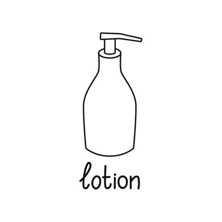 Linear lotion icon with text. Contour symbol for cosmetics, design website. Vector isolated illustration.のイラスト素材