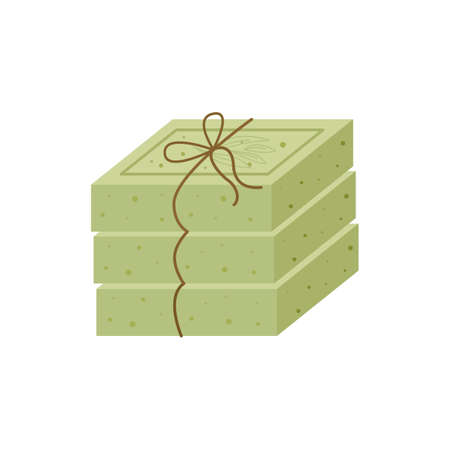 Handmade olive soap set tied with twine. natural cosmetics. Vector illustration for social networks, website, packaging design.のイラスト素材