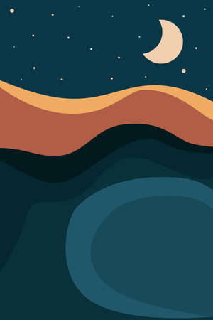 Abstract minimalistic poster, background. Night, moon, crescent, stars, mountains, river. Vector illustration for printing on paper, fabric.のイラスト素材