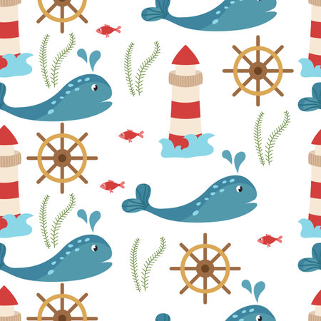 Seamless marine pattern with whales, lighthouse, steering wheel, algae and fish on a white background. Vector illustration of sea voyages for printing on paper or fabric, packagingのイラスト素材