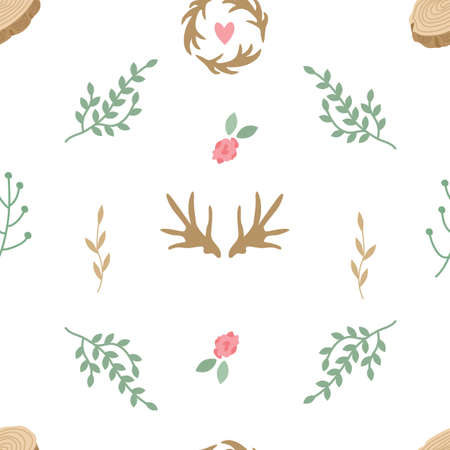 Seamless pattern with horns, tree branches, dried flowers, roses, hearts in rustic style. Simple elegant vector background for printing on fabric, paper, packaging, wallpaperのイラスト素材