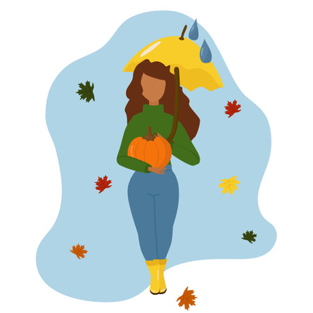 A girl in autumn clothes with an umbrella and boots. With a pumpkin in his hands. Vector illustration isolated on a white background.のイラスト素材