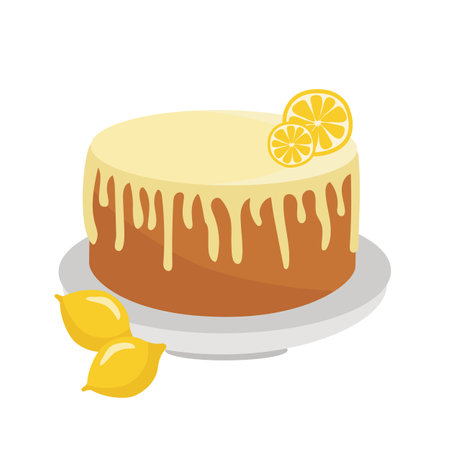 Autumn pastries, sweet lemon pie. Vector illustration in a cartoon flat style. For postcards, labels, design, banners, advertising.のイラスト素材