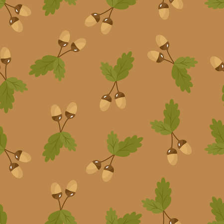 Acorns and oak leaves are a seamless autumn pattern on a beige background. Vector illustration in a flat style for a website, printing on paper, fabric, packagingのイラスト素材