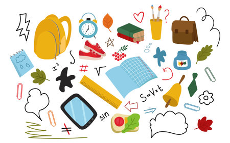 Back to school, a collection of hand-drawn clipart. Backpack, accessories, brushes, sneakers, ruler, tablet, alarm clock, notebook. Vector illustration isolated on a white background.のイラスト素材