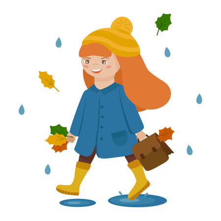 Girl goes to school, carrying a briefcase. It's autumn, it's raining and the leaves are falling. Vector clipart, isolated illustration, on a white background.のイラスト素材