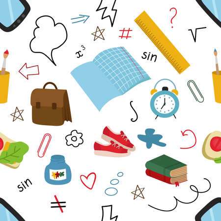 Seamless pattern with elements back to school. Briefcase, tablet, brushes, sneakers, formulas, handwriting, paper clips, arrows. Bright vector illustration on a white background. For printing on paper or fabricのイラスト素材
