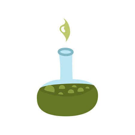 A witch's magic potion in a glass bottle. Cute vector illustration isolated on a white background. For the design of a postcard or decorative.のイラスト素材