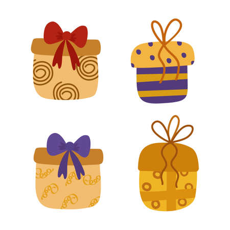 Gift boxes are different set. Vector illustration isolated on a white background. For postcard design or decoration.のイラスト素材