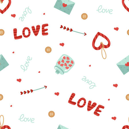Seamless pattern for Valentine's Day. The inscription is love, heart, arrows, buttons, letter. Vector background for the design of the holiday on February 14, printing on paper, fabric, scrapbooking.のイラスト素材